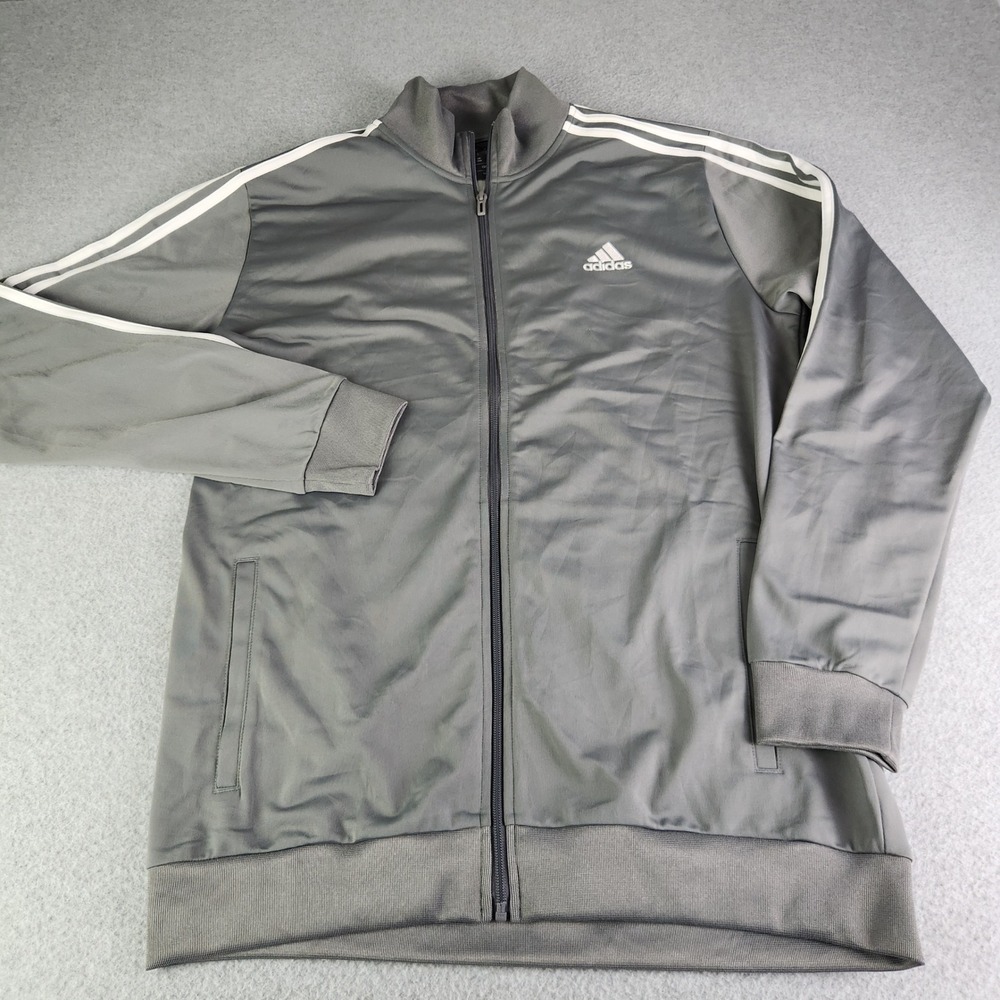 Adidas Track Jacket Men LT Gray 3-Stripe Athletic Fit Stretch Full Zip Mock Neck